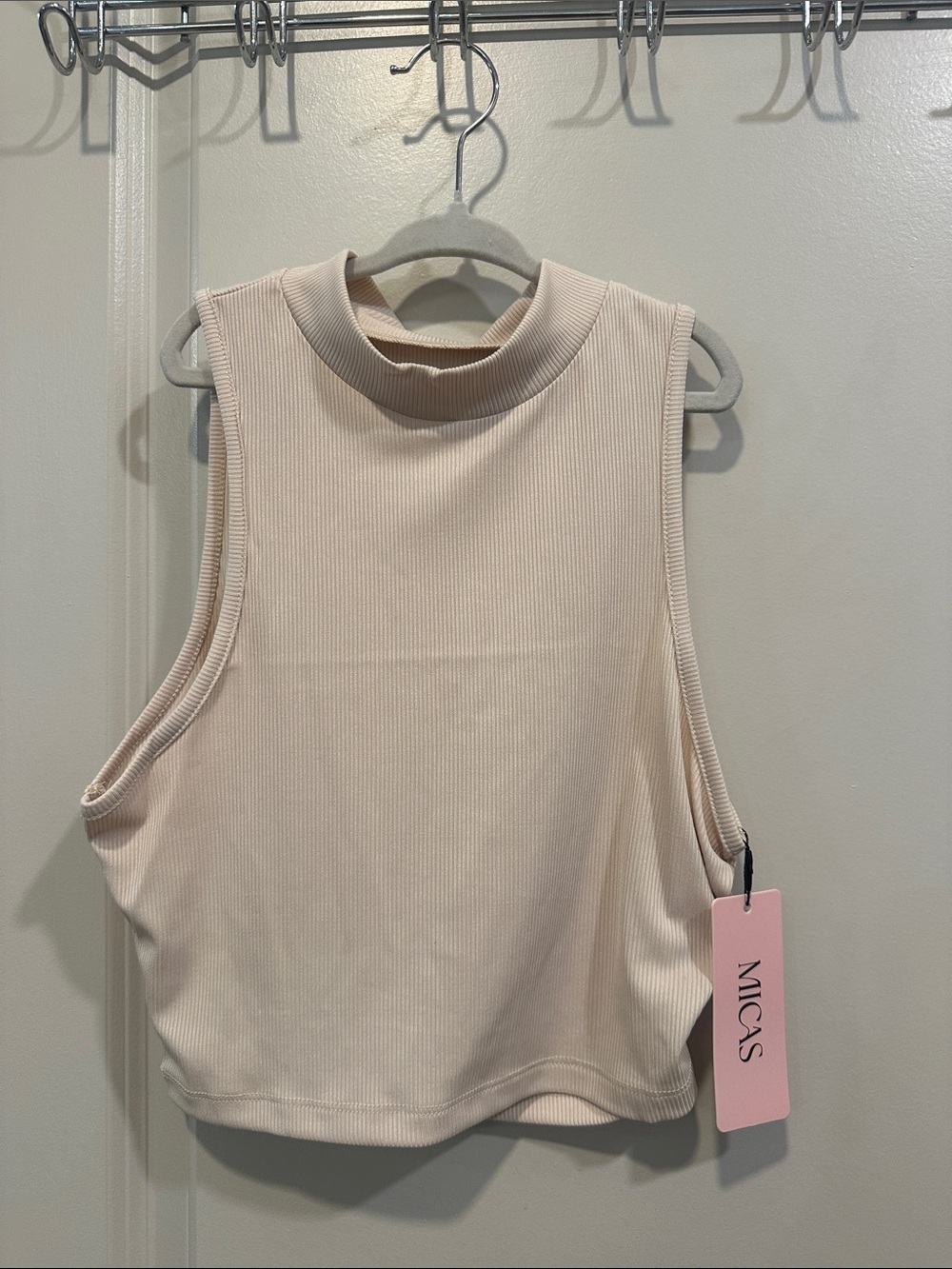 MICAS Cream Ribbed High Neck Sleeveless Crop Tank